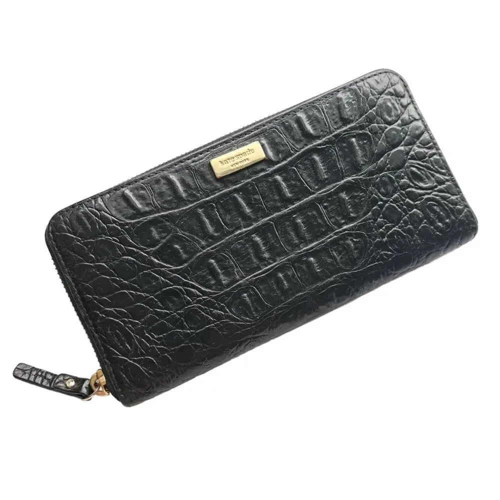 Kate Spade New York Black Croc Embossed Leather Zip Around Neda Wallet